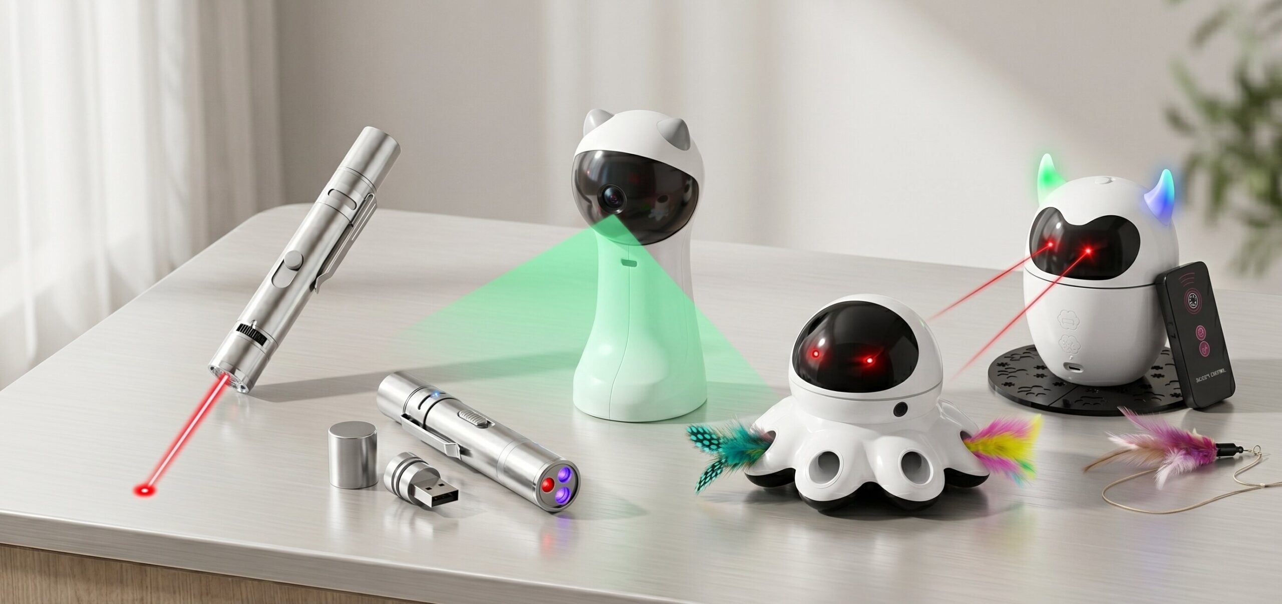 Collection of the best cat toys laser pointers and automatic chasers available in the UK for indoor feline enrichment