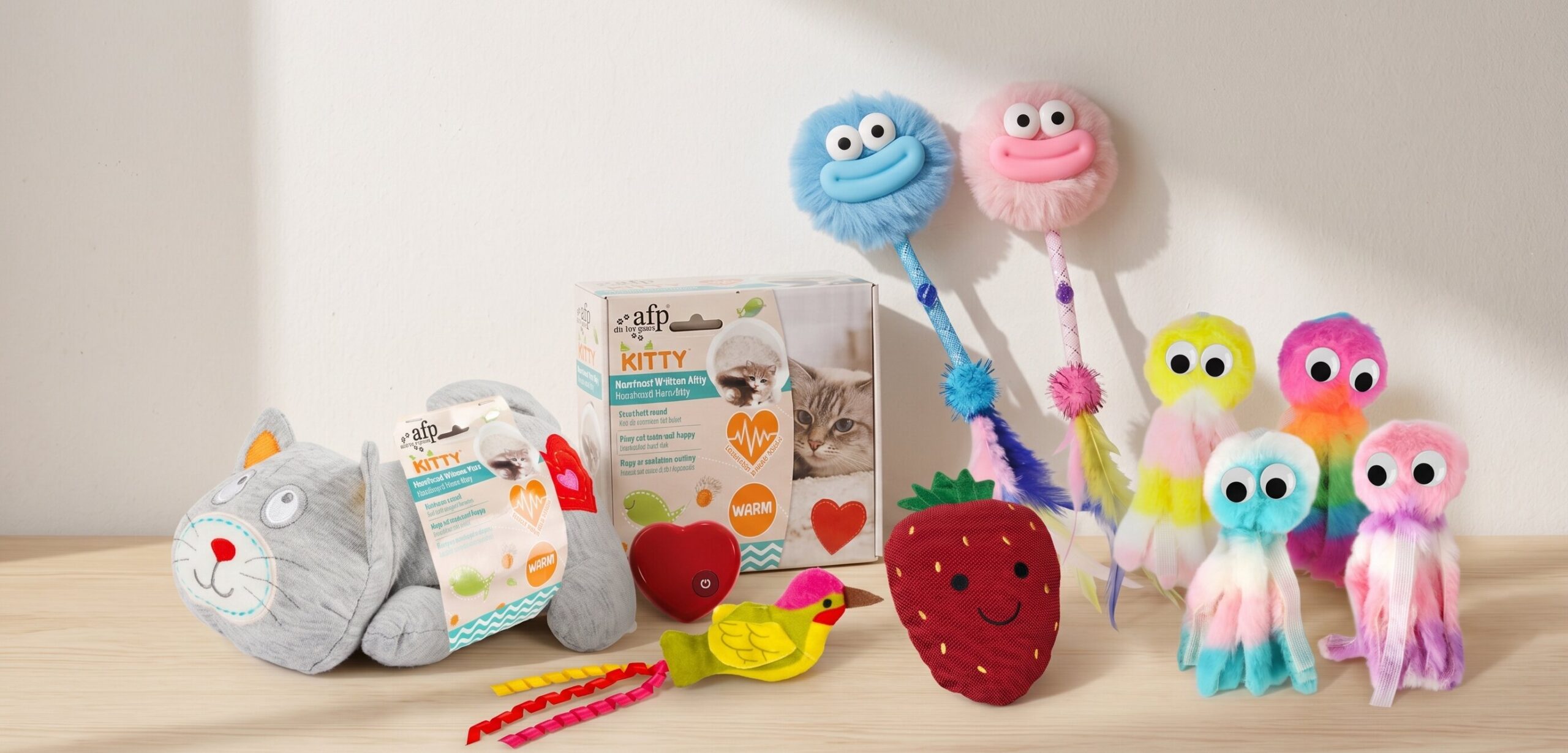 Collection of the best cat toys plush available on Amazon UK including heartbeat toys, catnip birds, octopus kickers and wand sets