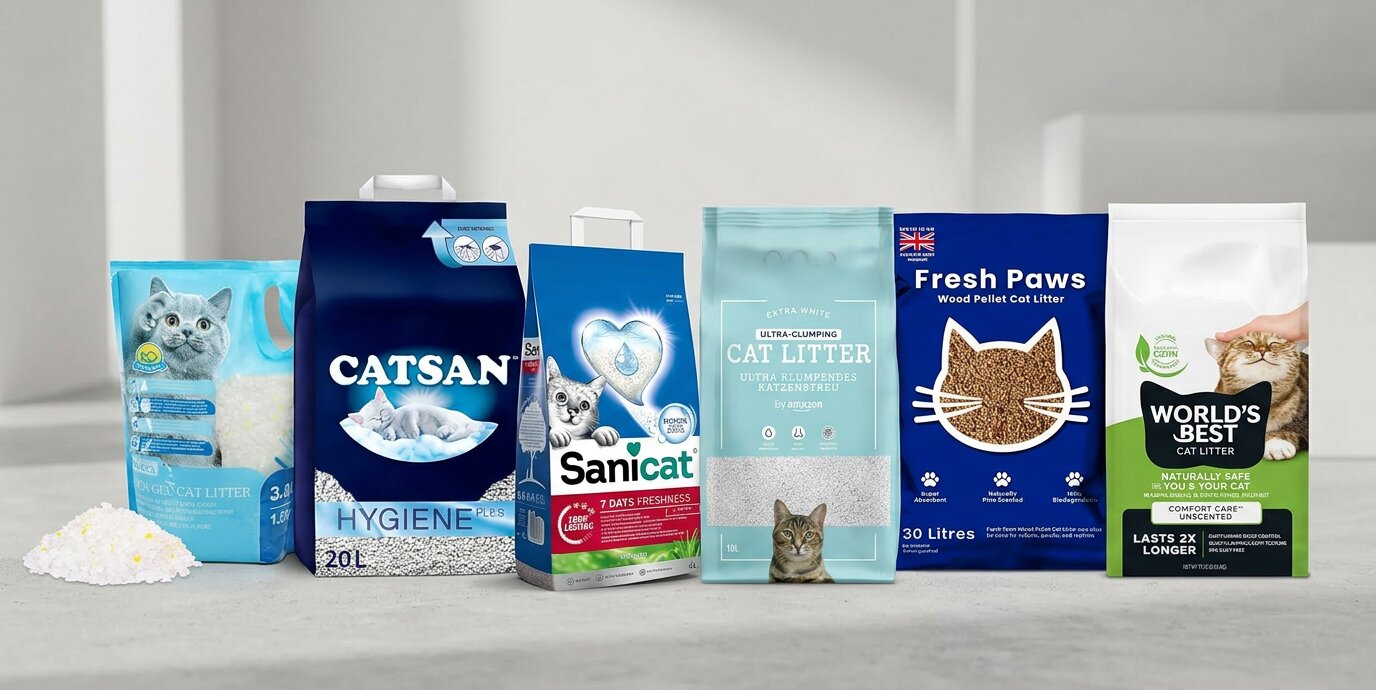 Lineup of six top UK cat litters, showing clumping, non-clumping, silica crystals, and wood pellets next to cat litter boxes in a modern home environment
