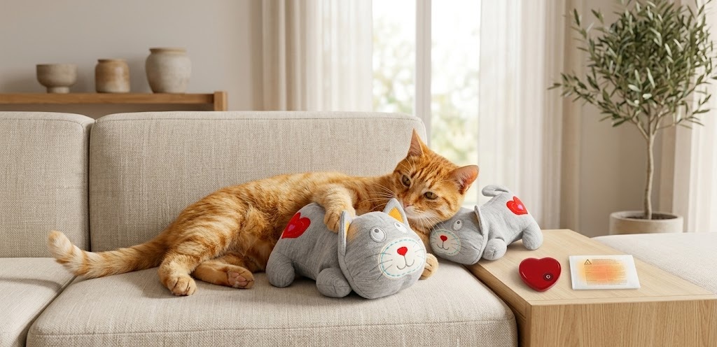 Ginger cat resting beside grey ALL FOR PAWS heartbeat plush kitten comfort toys on a sofa