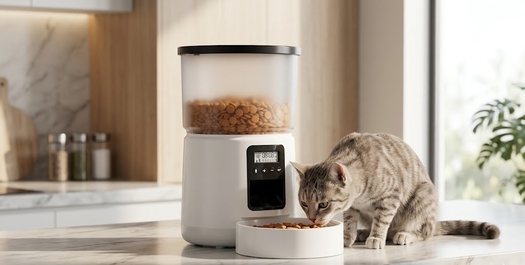 Tabby cat eating dry kibble from a white Bemoony automatic cat feeder with an LCD screen display