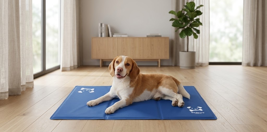 Foldable Bedsure large dog cooling mat in blue with scratch resistant fabric