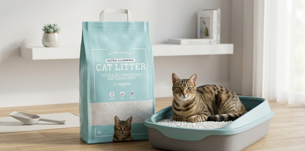 By Amazon Extra White ultra clumping clay cat litter bag displayed next to a tabby cat resting in a shallow litter box