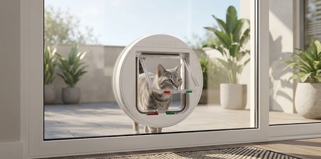 White Cat Mate 210 manual locking flap fitted in a patio window, a budget-friendly option for your cat flap in glass door cost.