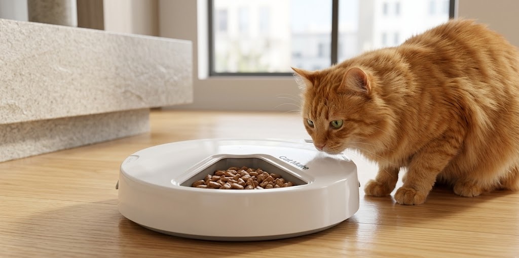 Fluffy orange cat eating from a Cat Mate C500 carousel style digital wet food feeder