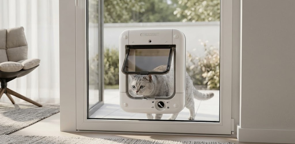 Cat Mate 360 microchip cat flap showing the smart access design, a popular choice when reviewing the cost of cat flap in glass door setups.