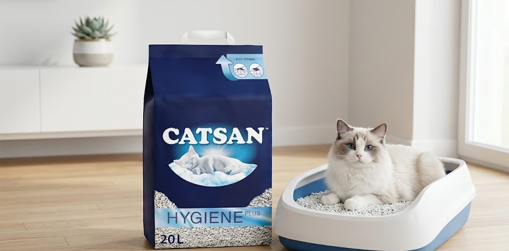 Catsan Hygiene Plus 20L non-clumping white mineral cat litter bag placed next to a white cat sitting comfortably inside a blue and white litter box