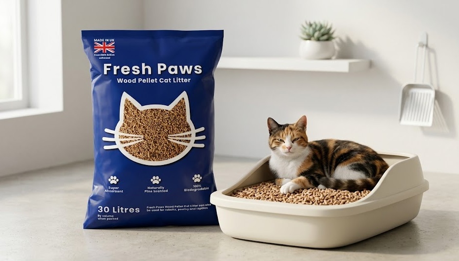 A bulk 30-litre bag of Fresh Paws premium biodegradable wood pellet cat litter beside a calico cat sitting in a pellet-filled litter tray