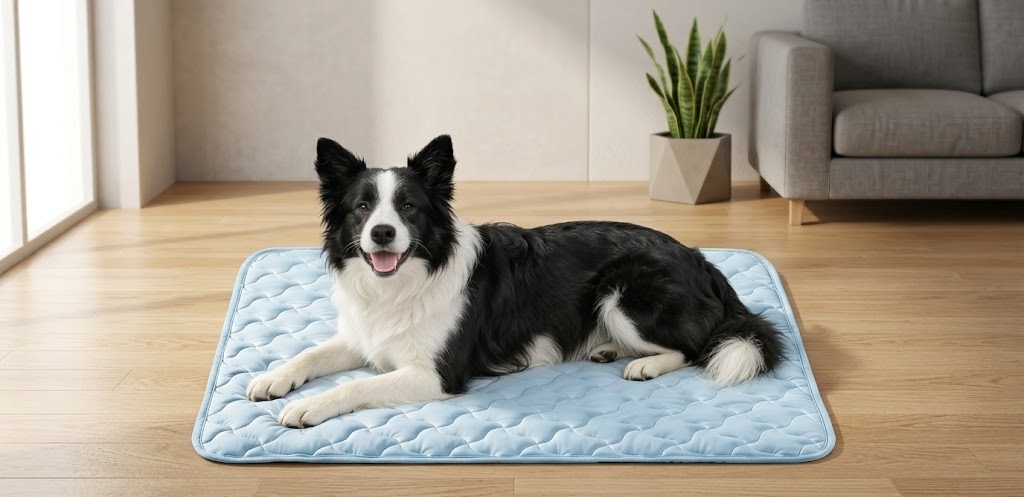 Blue JOEJOY machine washable dog cooling mat made with breathable fabric