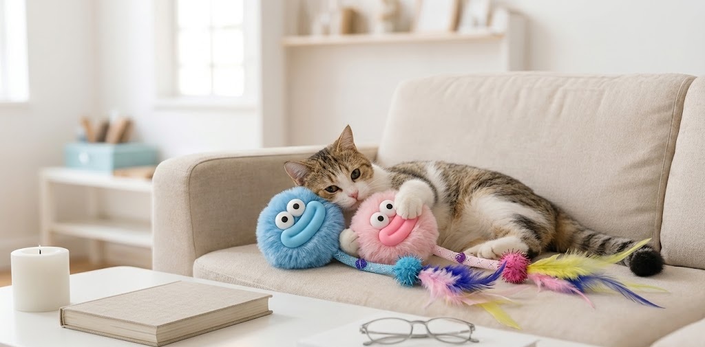 Tabby cat lying on sofa holding blue and pink MOTIBACK plush ball wand toys with feathers