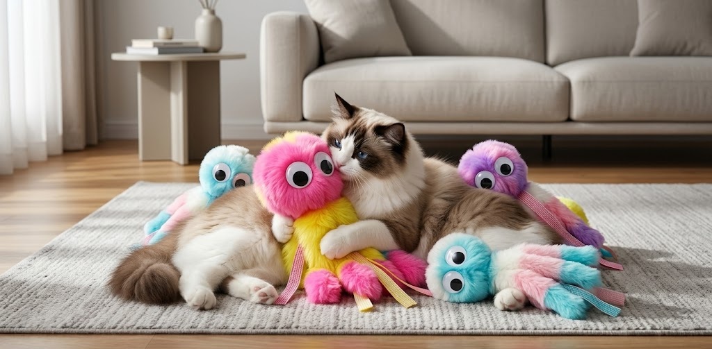 Ragdoll cat lying on a rug surrounded by colourful MOTIBACK octopus plush cat toys