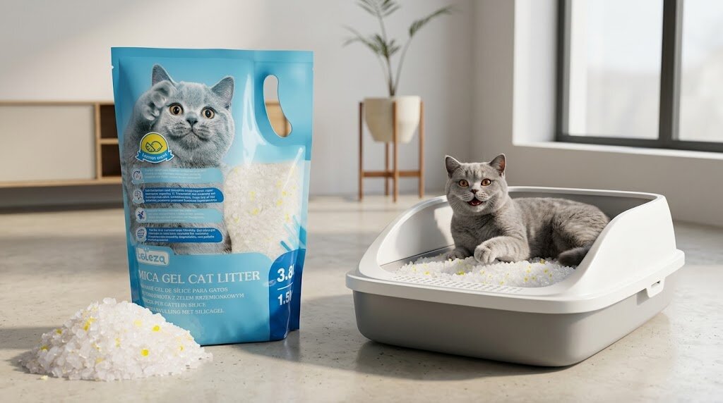 Nobleza Silica Cat Litter Crystals 3.8L bag next to an open cat litter box containing a grey British Shorthair cat