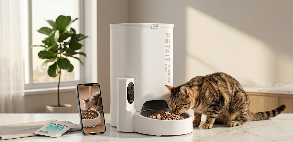 Petkit automatic cat feeder with a built-in HD camera showing a live video feed on a mobile phone