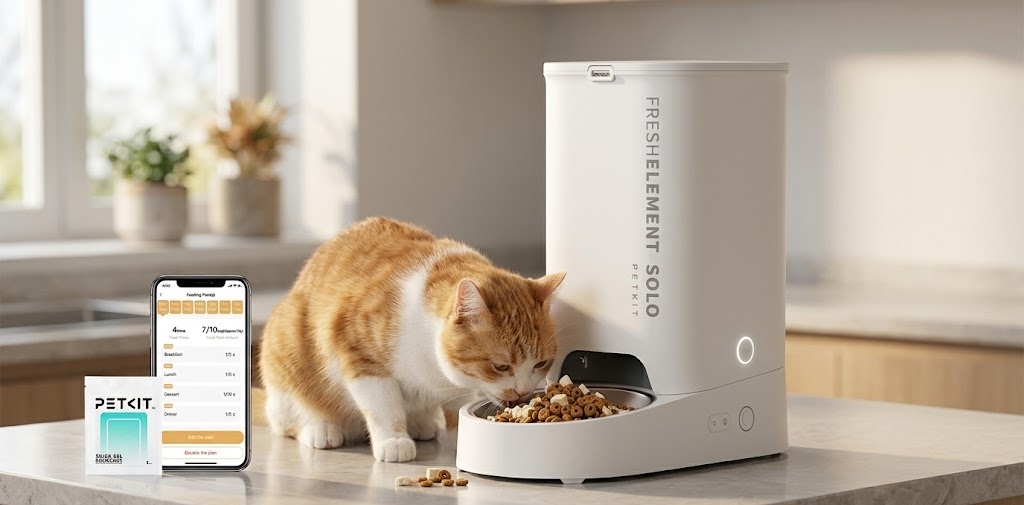 Orange and white cat using a Petkit Wi-Fi automatic pet feeder with smartphone scheduling app