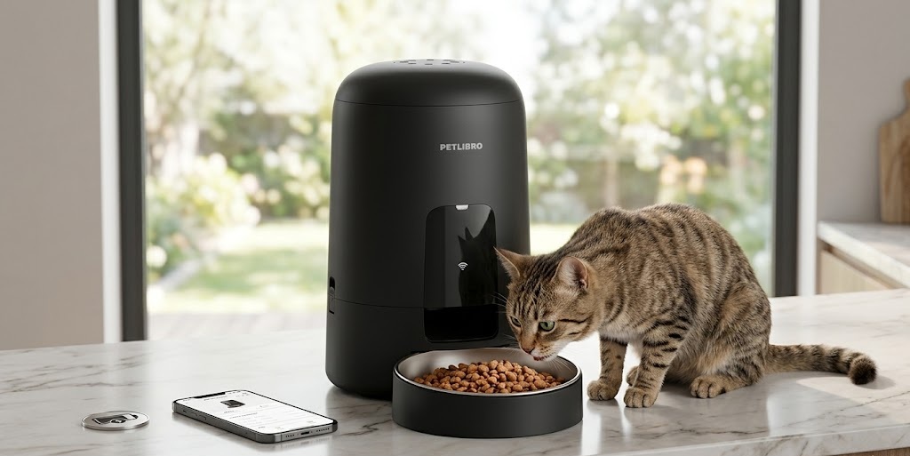 Black Petlibro smart cat food dispenser and stainless steel bowl next to a smartphone app interface