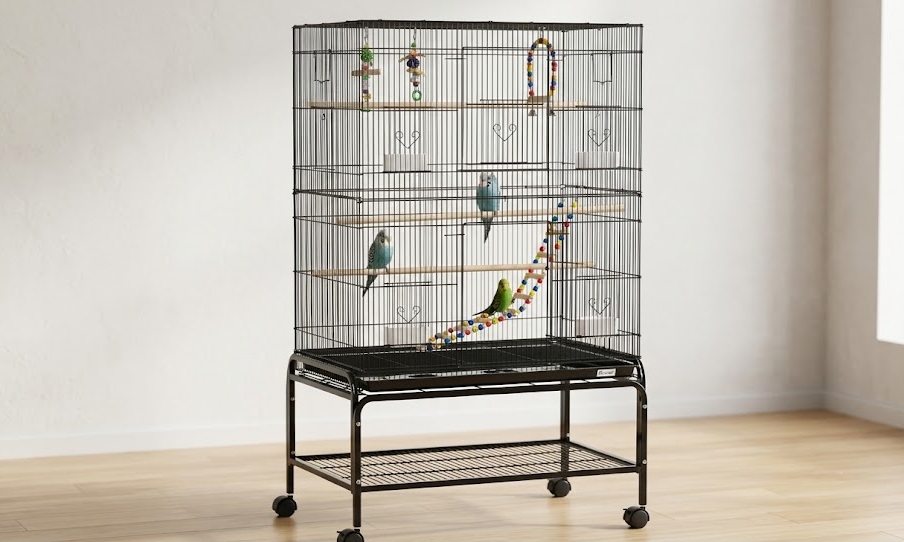 Black PawHut 133cm bird cage for budgies featuring wooden perches, ladders, and colourful toys