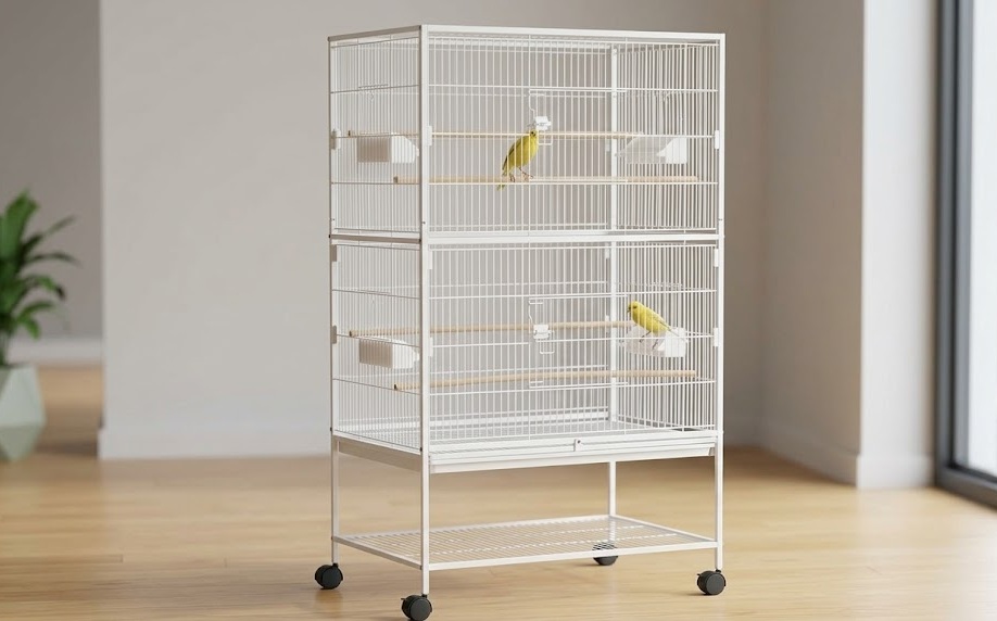 Modern white PawHut large bird cage for budgies on wheels with two yellow birds inside