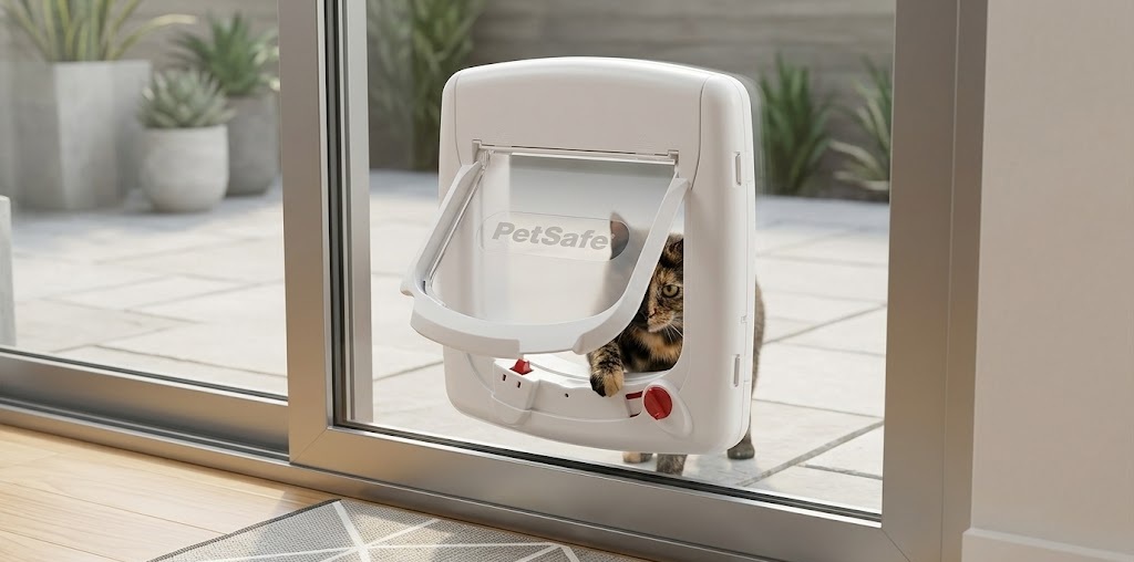 PetSafe Magnetic Deluxe 4-way locking cat door, a secure passive entry solution for modern double glazed glass door installations.