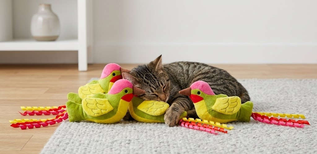 Tabby cat sleeping surrounded by Petface Planet Harper hummingbird catnip plush cat toys