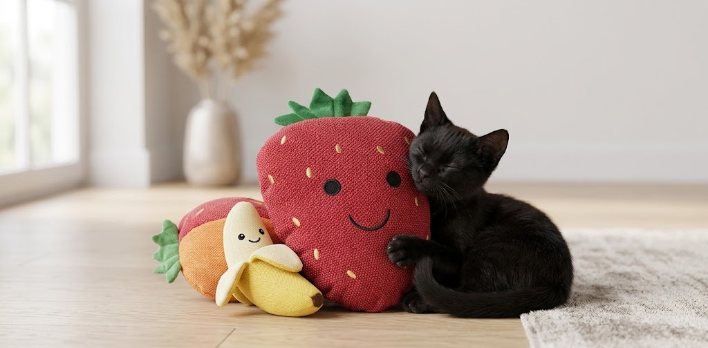 Black cat curled up next to Petface strawberry catnip plush cat toy on a wooden floor