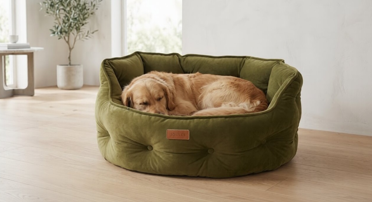 Golden Retriever sleeping comfortably in a luxury khaki Chesterfield dog bed Joules design