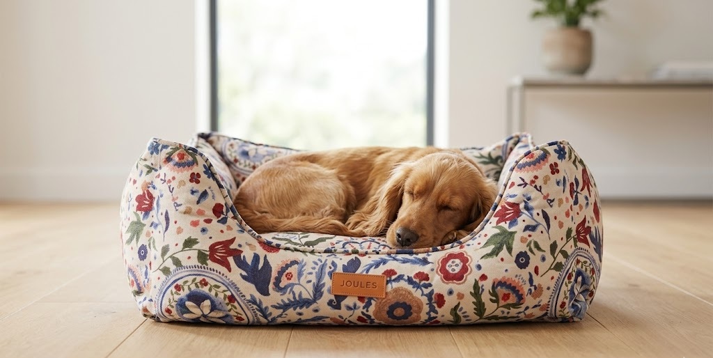 Spaniel resting in a floral Joules dog bed medium size with thick padded sides
