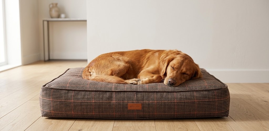 Dog stretching out on a flat Rosewood mattress picked up from a dog bed Joules sale