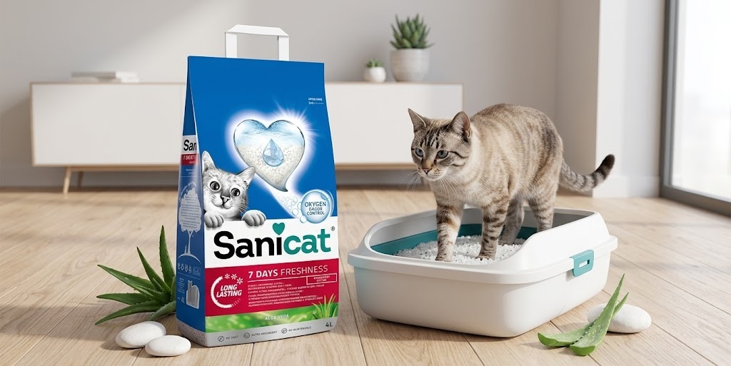 Sanicat Classic Aloe Vera 4L cat litter bag next to a tabby cat stepping into a litter tray, surrounded by natural aloe vera leaves and white pebbles