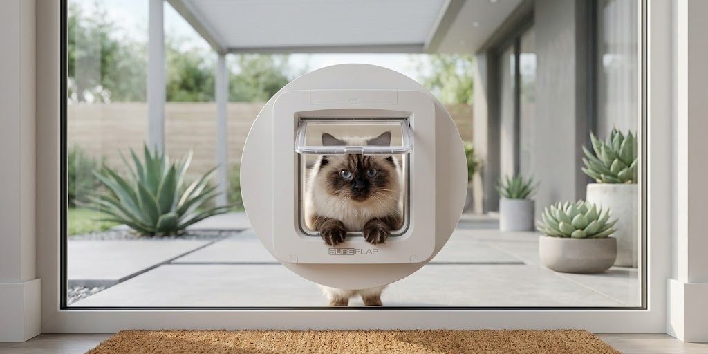 Sure Petcare SureFlap microchip door with mounting adaptor, essential hardware to know about when researching how to put a cat flap in a glass door.