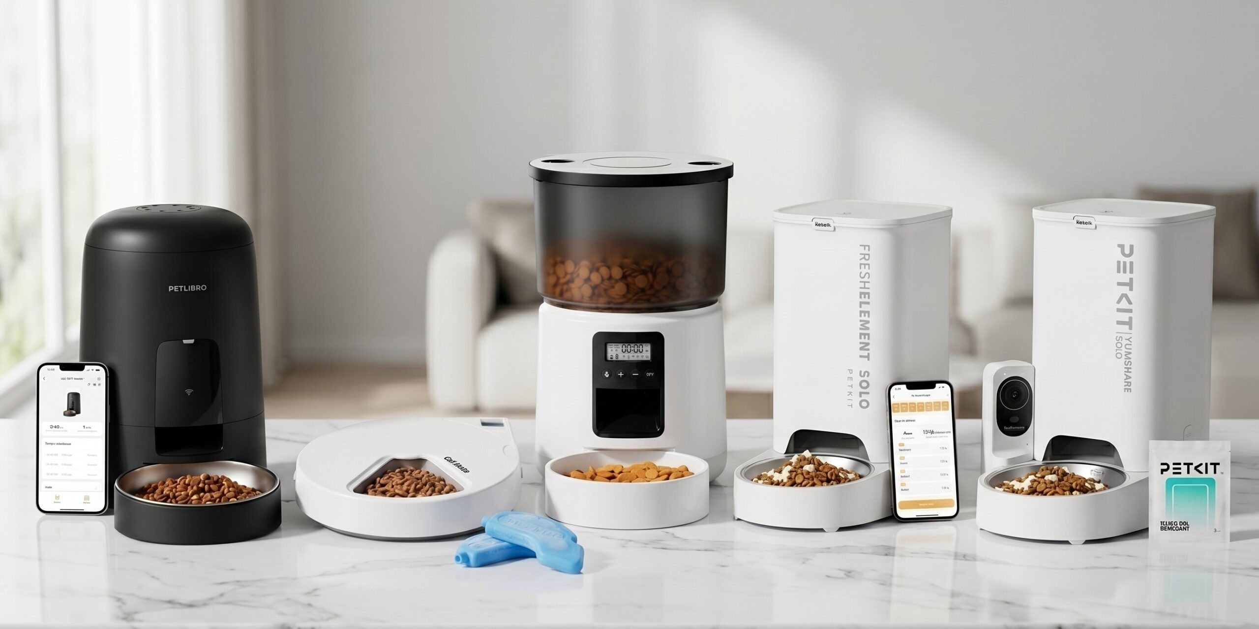 A lineup of the best automatic cat feeders in the UK, including Petlibro, Cat Mate, and Petkit models on a kitchen counter
