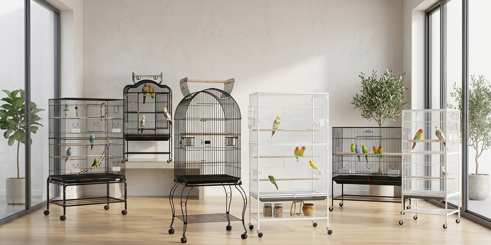 A collection of the best bird cages for budgies available in the UK displayed in a modern home