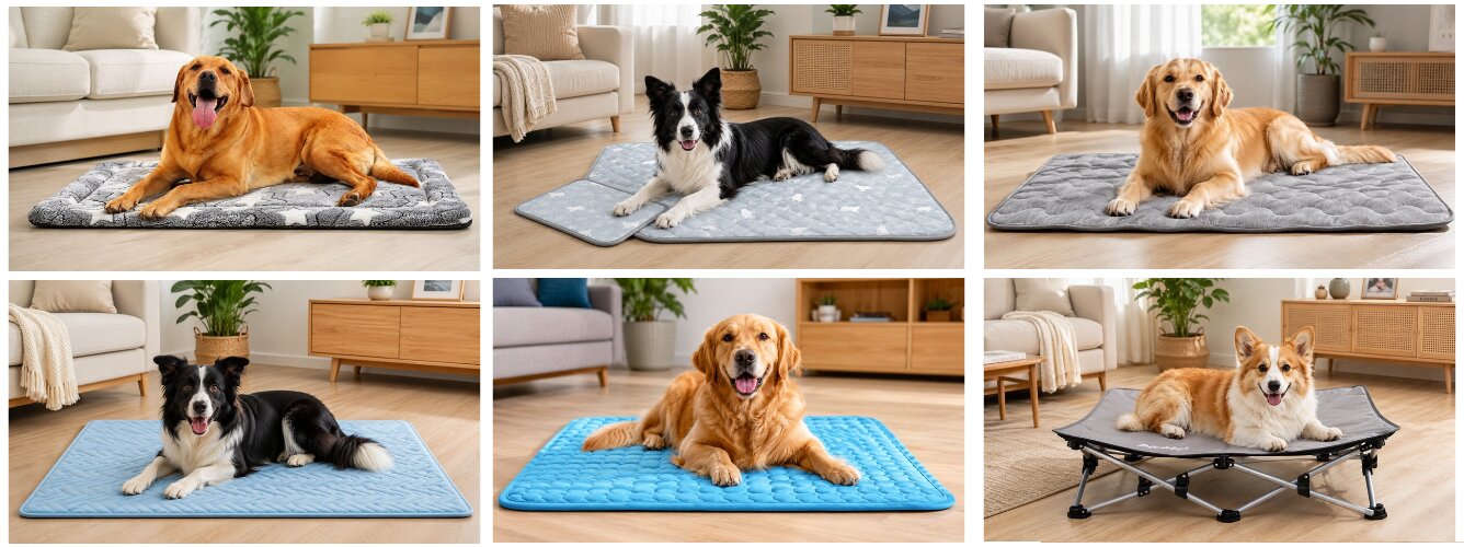 Dogs of different breeds resting comfortably on various cooling mats and an elevated cooling bed in a UK home