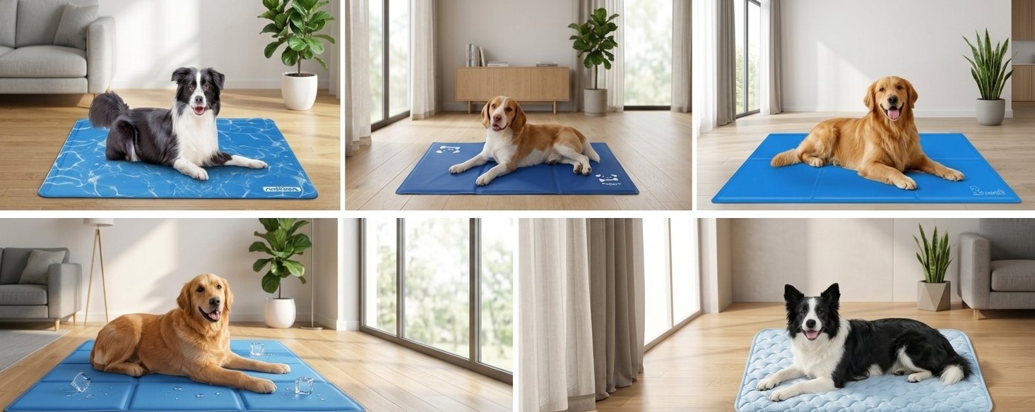 A happy dog resting comfortably on the best dog cooling mat in the UK to stay cool in summer
