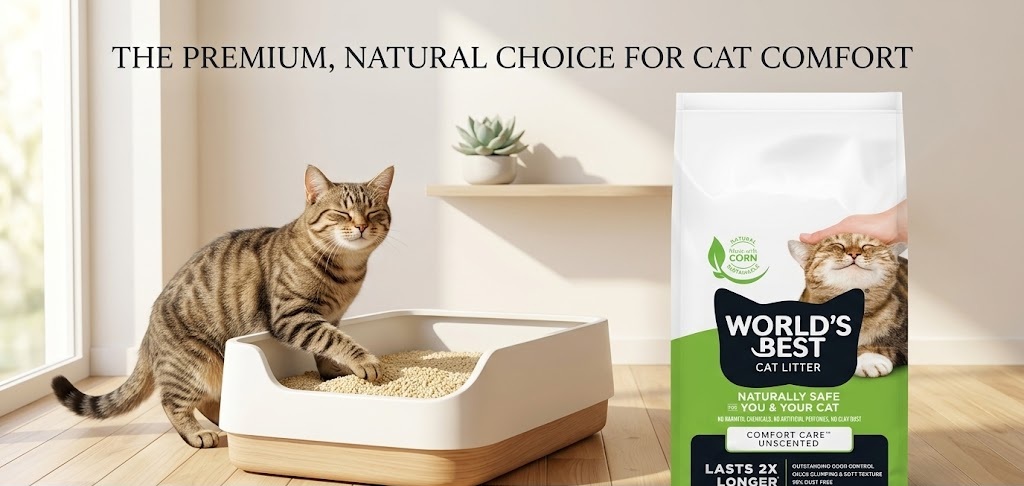 World's Best Cat Litter Comfort Care Unscented 6.80kg corn-based clumping litter bag with a tabby cat digging in a stylish wooden-framed tray