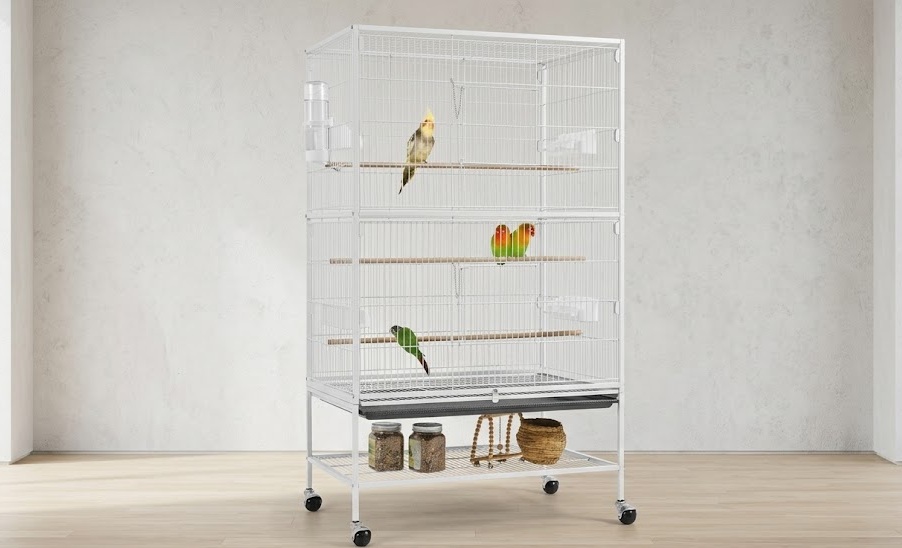 White Yaheetech 132cm large bird cage for budgies with rolling stand and storage shelf