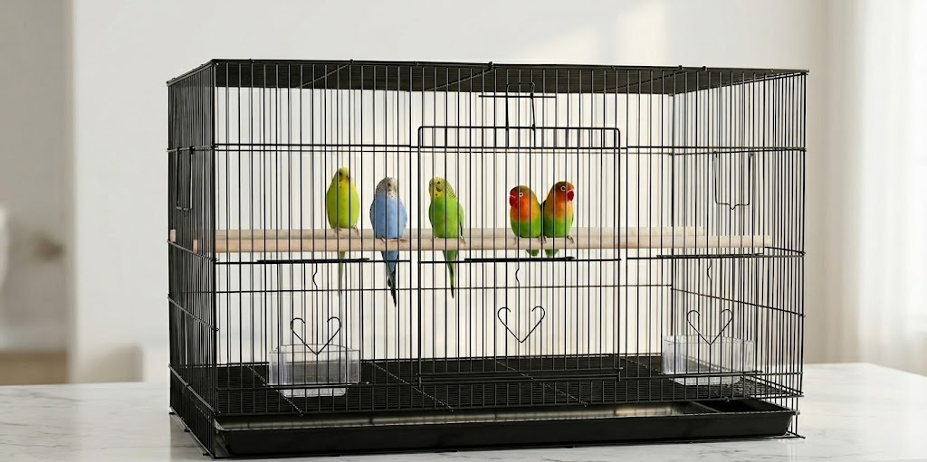 Black Yaheetech wide flight bird cage with multiple budgies sitting on a long wooden perch