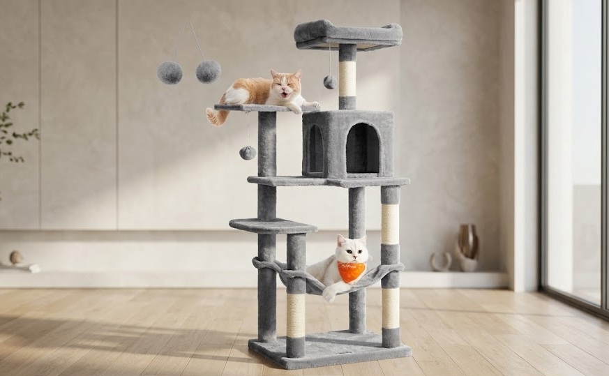 Feandrea PCT161W01 143cm light grey cat tree tower with an orange cat stretching on the upper perch and a white cat resting in the mid-level hammock, photographed in a modern neutral room with natural light