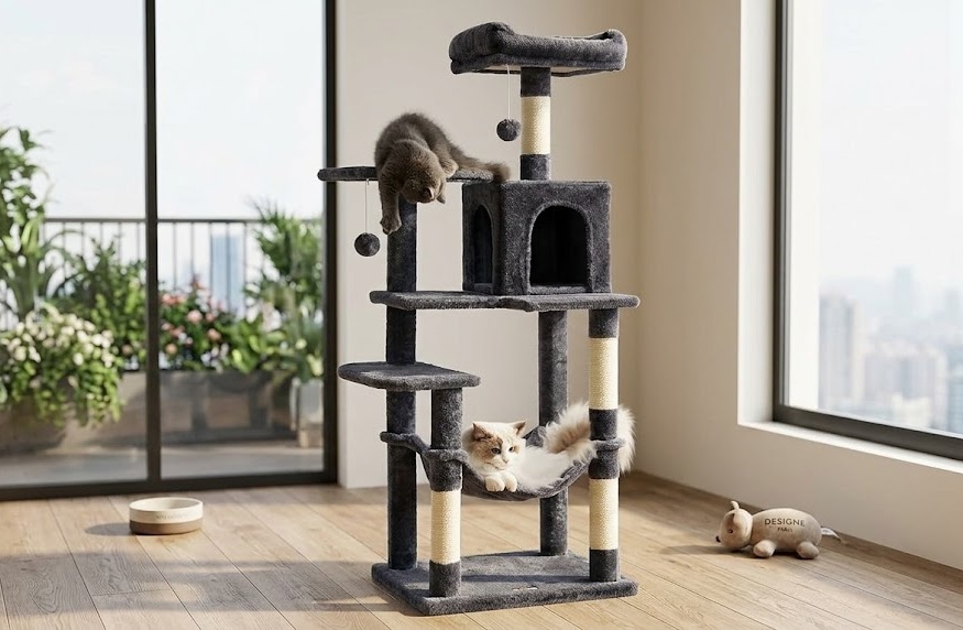 Feandrea PCT161G01 143cm smoky grey cat tree tower with a grey tabby cat on the upper platform and a ragdoll cat resting in the hammock, displayed in a bright room with a large glazed balcony door and city views