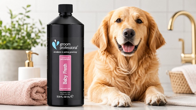 Groom Professional Baby Fresh 1 litre dog shampoo in a large black professional bottle next to a golden retriever in a modern bathroom