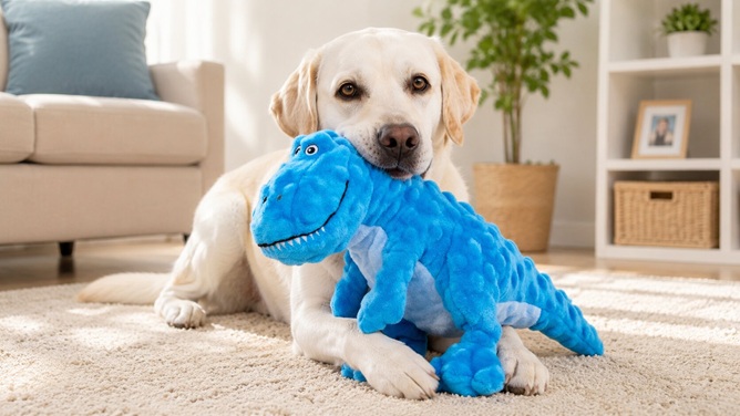 IOKHEIRA Blue Tyrannosaurus squeaky plush dog toy hand embroidered face water resistant machine washable for puppies small medium and large dogs