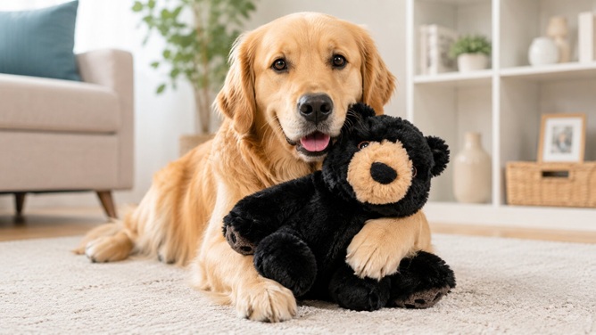 KONG Comfort Kiddos Bear black plush dog toy large with removable squeaker for gentle play and snuggling in large breed dogs