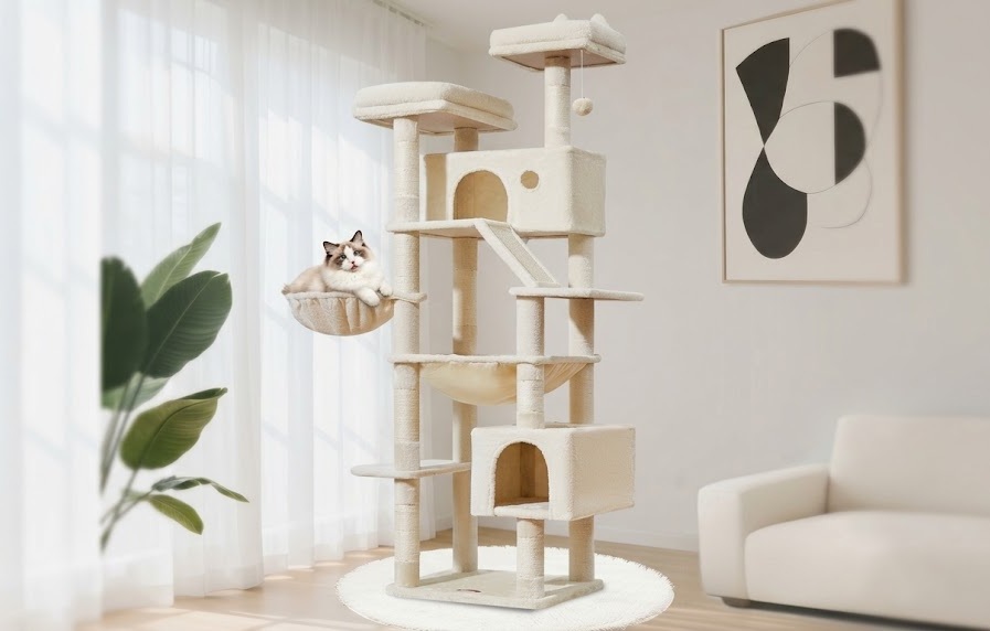 Taoqimiao MS026LM 180cm tall beige cat tree tower with metal frame, featuring a ragdoll cat relaxing in the mid-level hammock, with multiple platforms, two condos, a scratch ramp and sisal posts visible in a minimalist white room