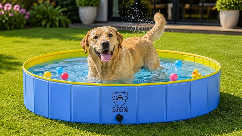 Golden Retriever shaking off water inside a hard plastic COZII dog swimming pool