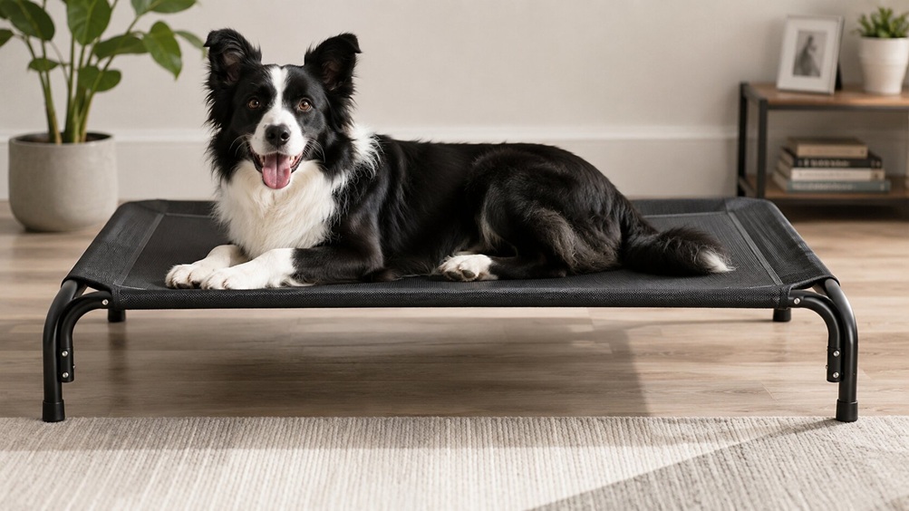 Border collie resting indoors on a black elevated dog bed with a breathable cooling mesh surface