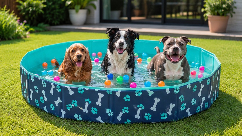 Three dogs playing with colourful plastic balls in a patterned HaoVrisn dog paddling pool