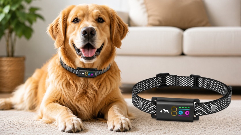 Golden Retriever wearing a black waterproof anti-bark collar with a digital display for humane dog training.