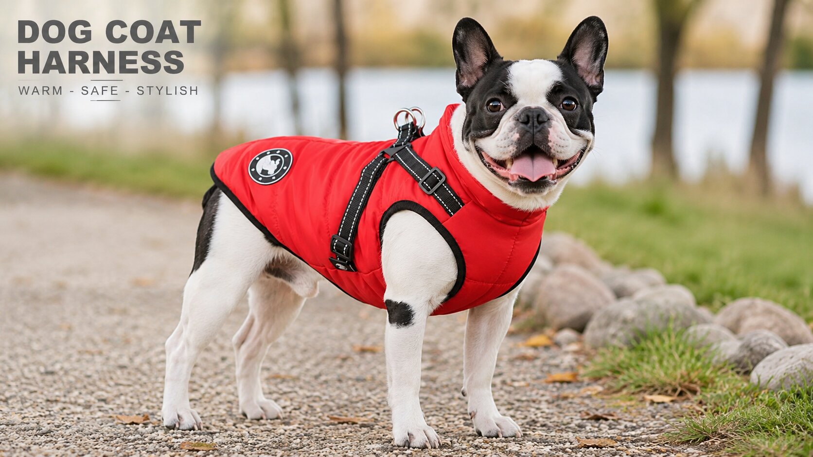 French Bulldog modelling a red LUOWAN waterproof dog coat with an integrated safety harness on a gravel path.