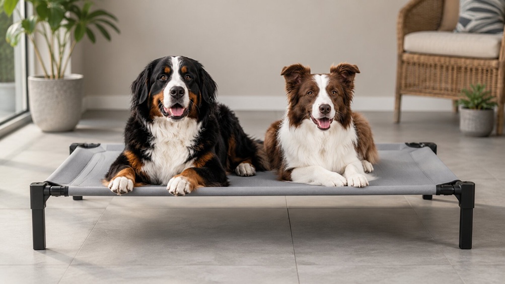Bernese mountain dog and border collie sharing an extra-large chew-proof elevated dog bed