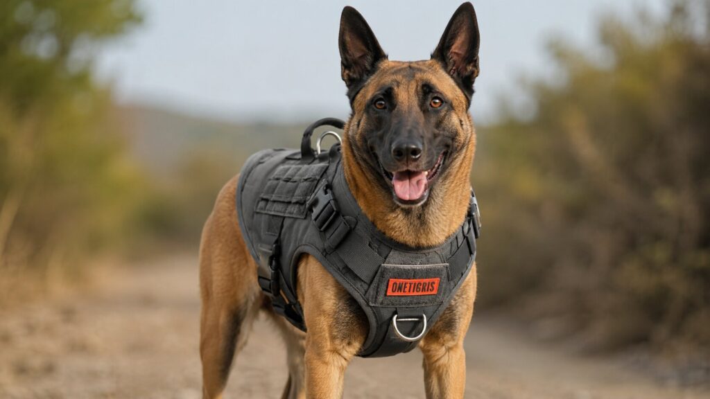 Active dog wearing a rugged black OneTigris tactical dog harness with a padded grab handle on a woodland trail.