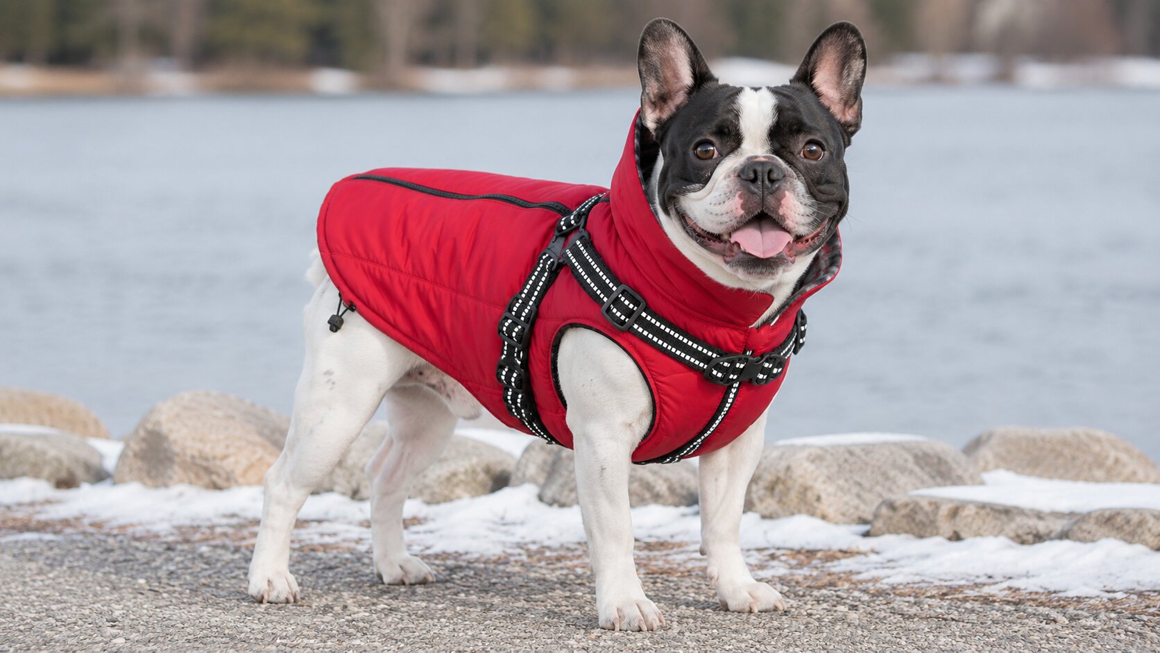 Small dog staying warm in a thick red Pethiy winter dog jacket featuring a built-in external traction belt.